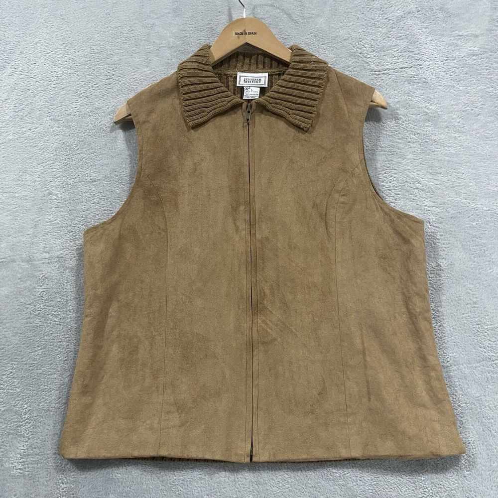 Jennifer Moore Full Zip Jacket Vest Women Large Tan Faux Suede Leather Vtg Y2K